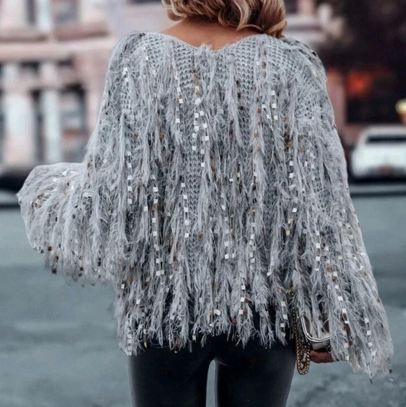 Fun Fuzzy Embellished Pullover Sweater V-Neck Grey - Picture 5 of 5